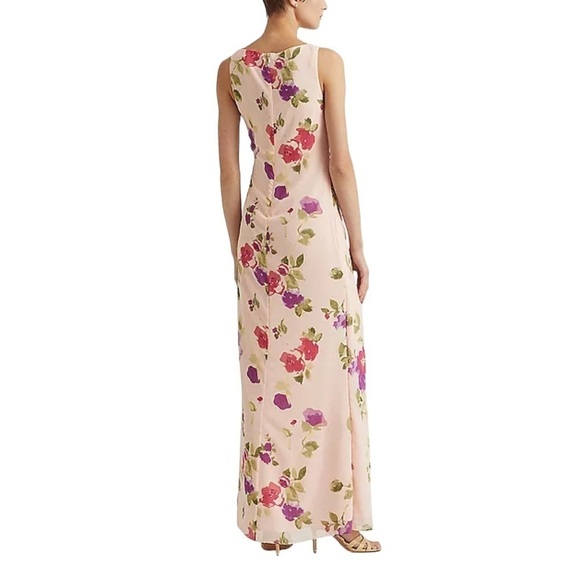 Lauren Ralph Lauren Pink Floral Georgette Gown Gathered Gem Waist Size 2 - Picture 6 of 12